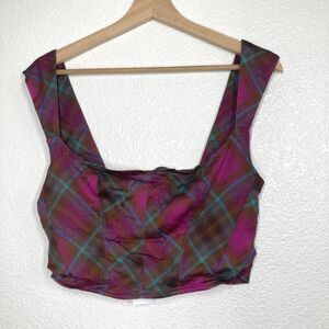 Urban Outfitters Crop Top Womens Large Pink Purple Plaid Wide Strap Smocked Back